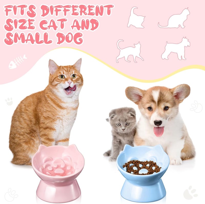 Funnymoom 2 Pcs Ceramic Elevated Slow Feeder Cat Bowl Cute Tilted Anti Vomiting Raised Cat Bowl for Dry Wet Food and Water Easy to Clean High Edge Pet for Small Dogs(Pink, Blue) - Image 5